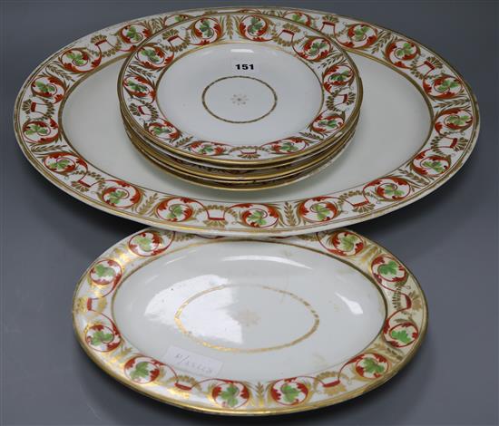 Six Derby plates and dishes and a platter, c.1820